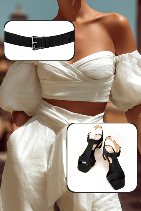 Women's matt black elegant fully open instep strap sandals. Square toe. Low flare heels - Top view
